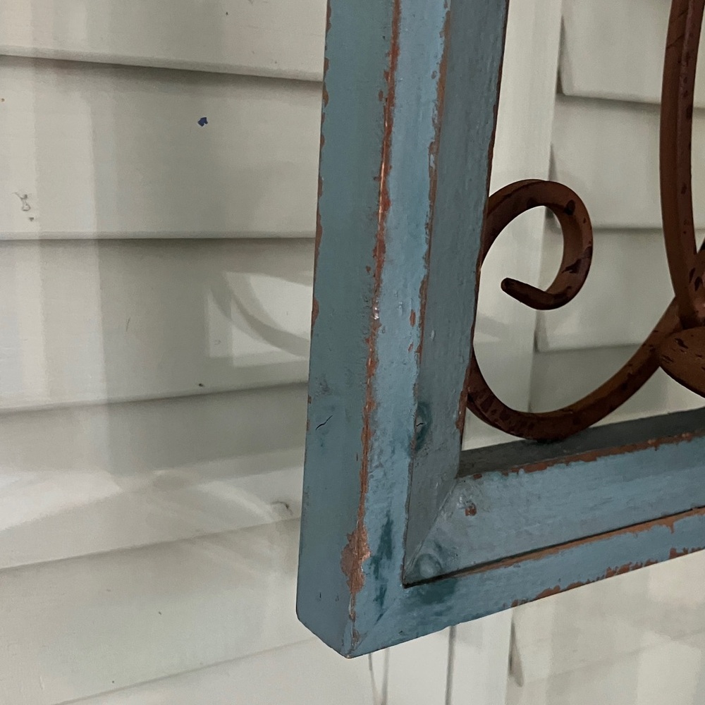 Rustic Blue Wood Frame With Brown Metal Design With Metal Candle Holder - Picture 8 of 10